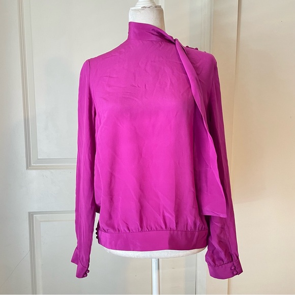 KULE Silk Magenta Neck Bow Long Sleeve  Blouse Sz L - Picture 1 of 6